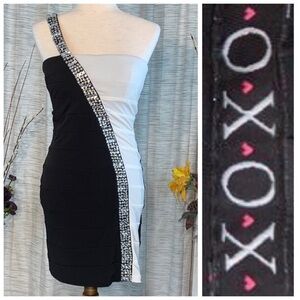 XOXO black and white one-shoulder party dress.